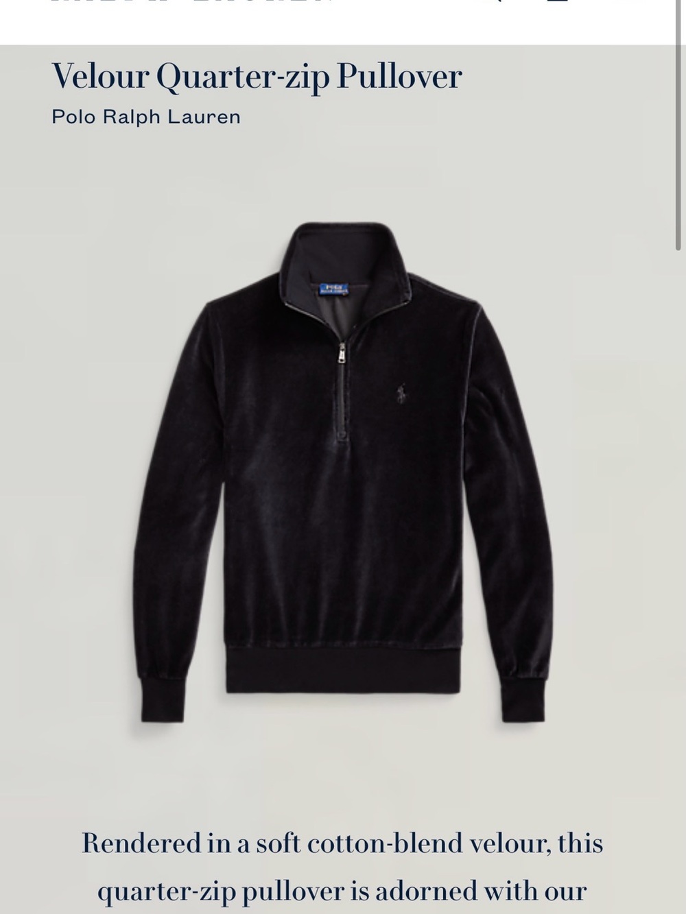 Polo Ralph Lauren Black Velour Quarter-Zip Pullover